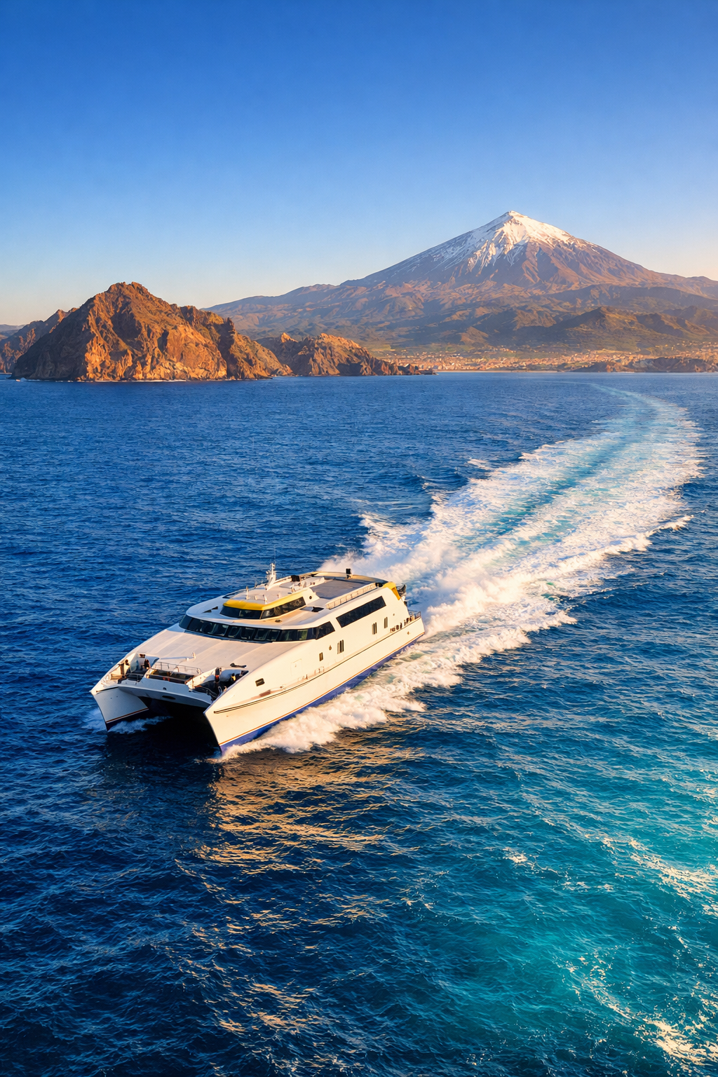 Fast ferry crossing between Canary Islands with Mount Teide in the background